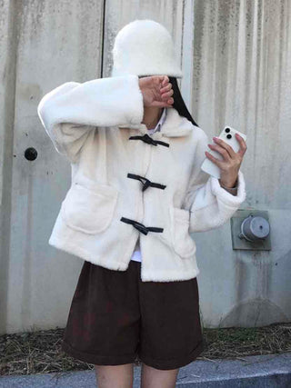 Puppy Mandarin Collar Toggle Short Hooded Fur Jacket