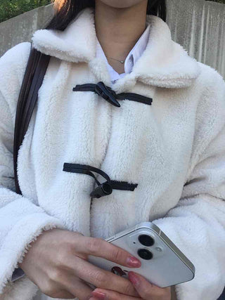 Puppy Mandarin Collar Toggle Short Hooded Fur Jacket