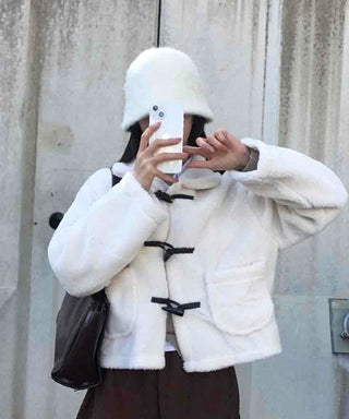 Puppy Mandarin Collar Toggle Short Hooded Fur Jacket
