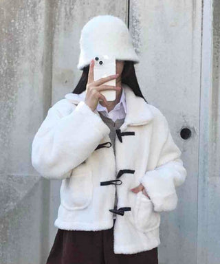 Puppy Mandarin Collar Toggle Short Hooded Fur Jacket