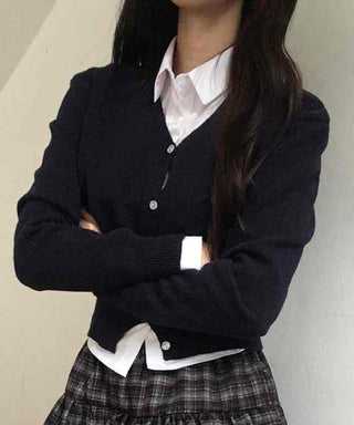 Campus Mood Layered Button Crop Knit Cardigan