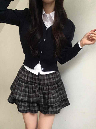 Campus Mood Layered Button Crop Knit Cardigan