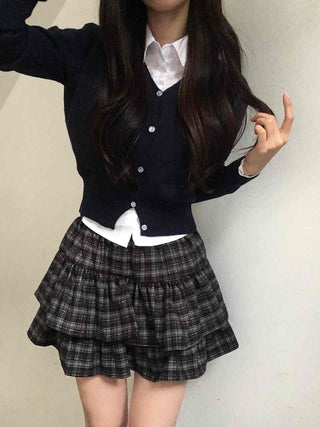 Campus Mood Layered Button Crop Knit Cardigan