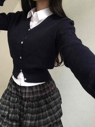 Campus Mood Layered Button Crop Knit Cardigan