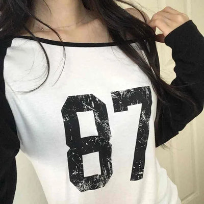 Vintage Numbering Color Block One-Shoulder Long Sleeve T-shirt