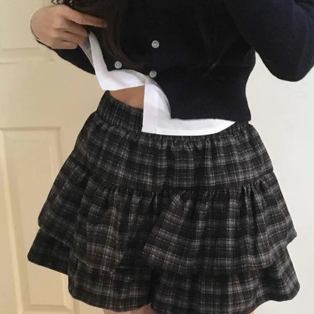 Ultimate Dark Check Tiered Balloon Mini Skirt