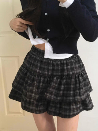Ultimate Dark Check Tiered Balloon Mini Skirt