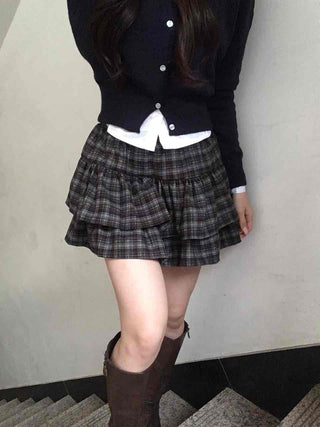 Ultimate Dark Check Tiered Balloon Mini Skirt