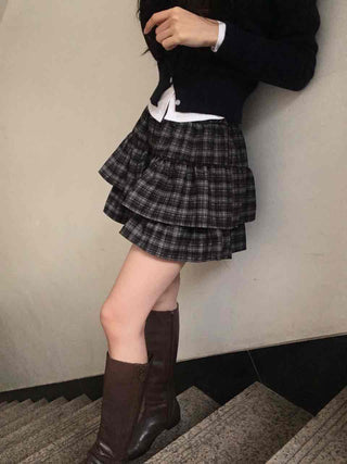 Ultimate Dark Check Tiered Balloon Mini Skirt