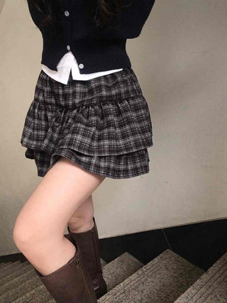 Ultimate Dark Check Tiered Balloon Mini Skirt