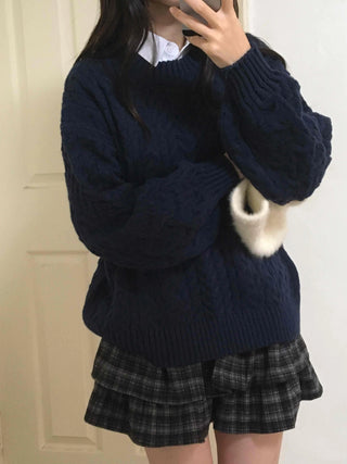 Classic Aran Pattern Wool Blend Round Neck Knit