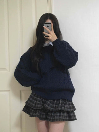 Classic Aran Pattern Wool Blend Round Neck Knit