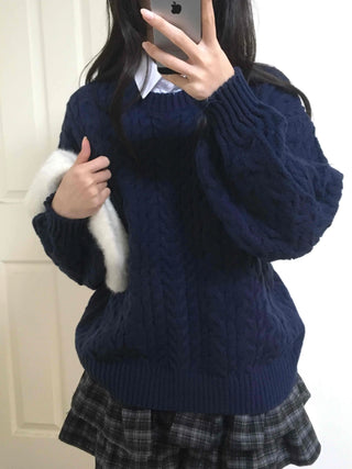 Classic Aran Pattern Wool Blend Round Neck Knit