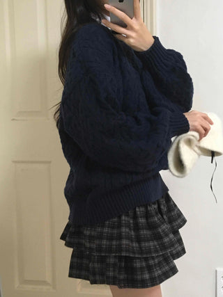 Classic Aran Pattern Wool Blend Round Neck Knit