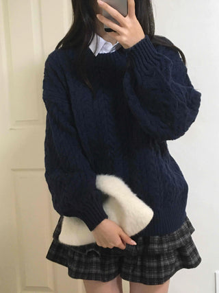 Classic Aran Pattern Wool Blend Round Neck Knit