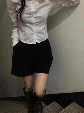 Basic Daily High-Waisted Pintuck Cotton Shorts
