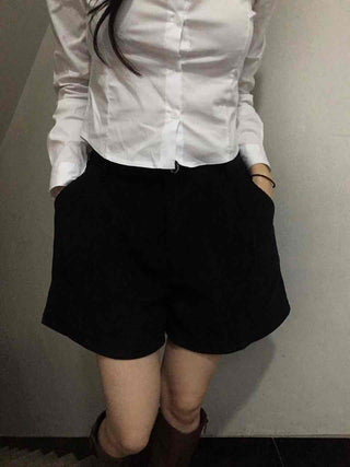 Basic Daily High-Waisted Pintuck Cotton Shorts