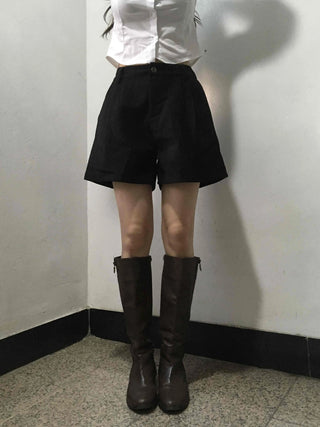 Basic Daily High-Waisted Pintuck Cotton Shorts