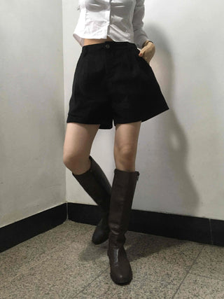 Basic Daily High-Waisted Pintuck Cotton Shorts
