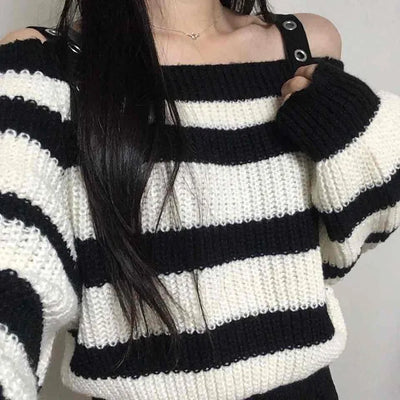 Button Strap Bold Stripe Oversized Knit