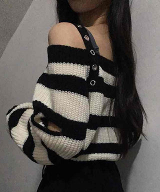 Button Strap Bold Stripe Oversized Knit