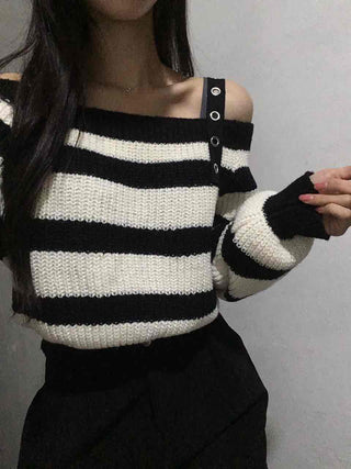 Button Strap Bold Stripe Oversized Knit