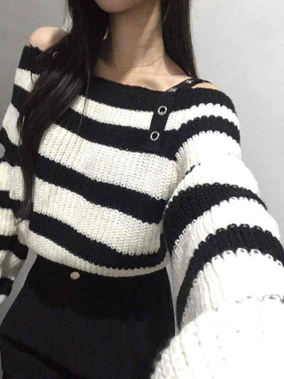 Button Strap Bold Stripe Oversized Knit