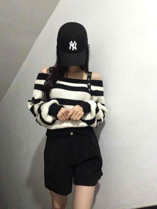 Button Strap Bold Stripe Oversized Knit