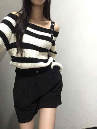 Button Strap Bold Stripe Oversized Knit