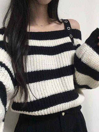 Button Strap Bold Stripe Oversized Knit