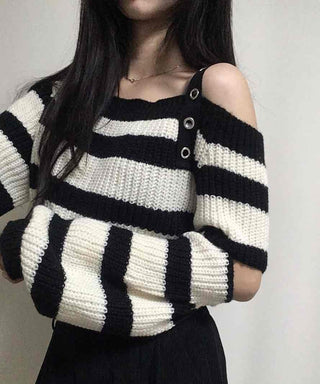 Button Strap Bold Stripe Oversized Knit