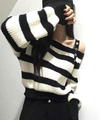 Button Strap Bold Stripe Oversized Knit