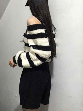 Button Strap Bold Stripe Oversized Knit