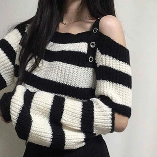 Button Strap Bold Stripe Oversized Knit