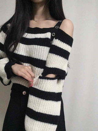 Button Strap Bold Stripe Oversized Knit