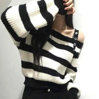 Button Strap Bold Stripe Oversized Knit