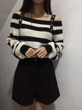 Button Strap Bold Stripe Oversized Knit