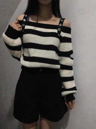 Button Strap Bold Stripe Oversized Knit