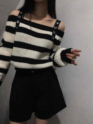 Button Strap Bold Stripe Oversized Knit