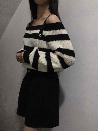 Button Strap Bold Stripe Oversized Knit