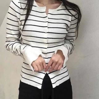 Marine Border Round Neck Slim Button Knit Cardigan