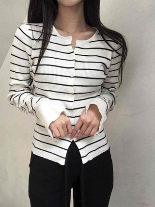 Marine Border Round Neck Slim Button Knit Cardigan