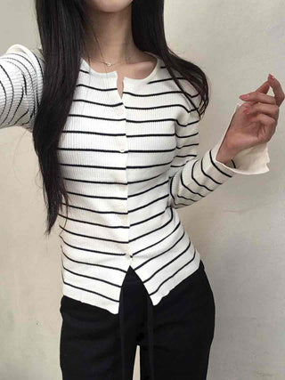 Marine Border Round Neck Slim Button Knit Cardigan