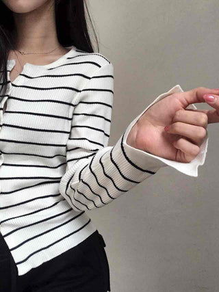 Marine Border Round Neck Slim Button Knit Cardigan