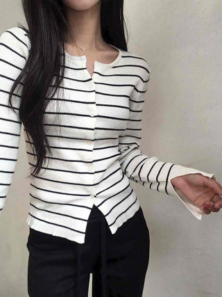Marine Border Round Neck Slim Button Knit Cardigan