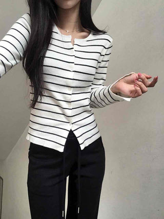Marine Border Round Neck Slim Button Knit Cardigan