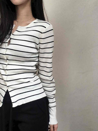 Marine Border Round Neck Slim Button Knit Cardigan