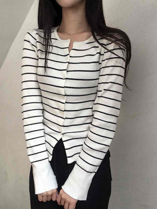 Marine Border Round Neck Slim Button Knit Cardigan