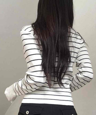 Marine Border Round Neck Slim Button Knit Cardigan