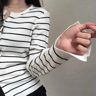 Marine Border Round Neck Slim Button Knit Cardigan